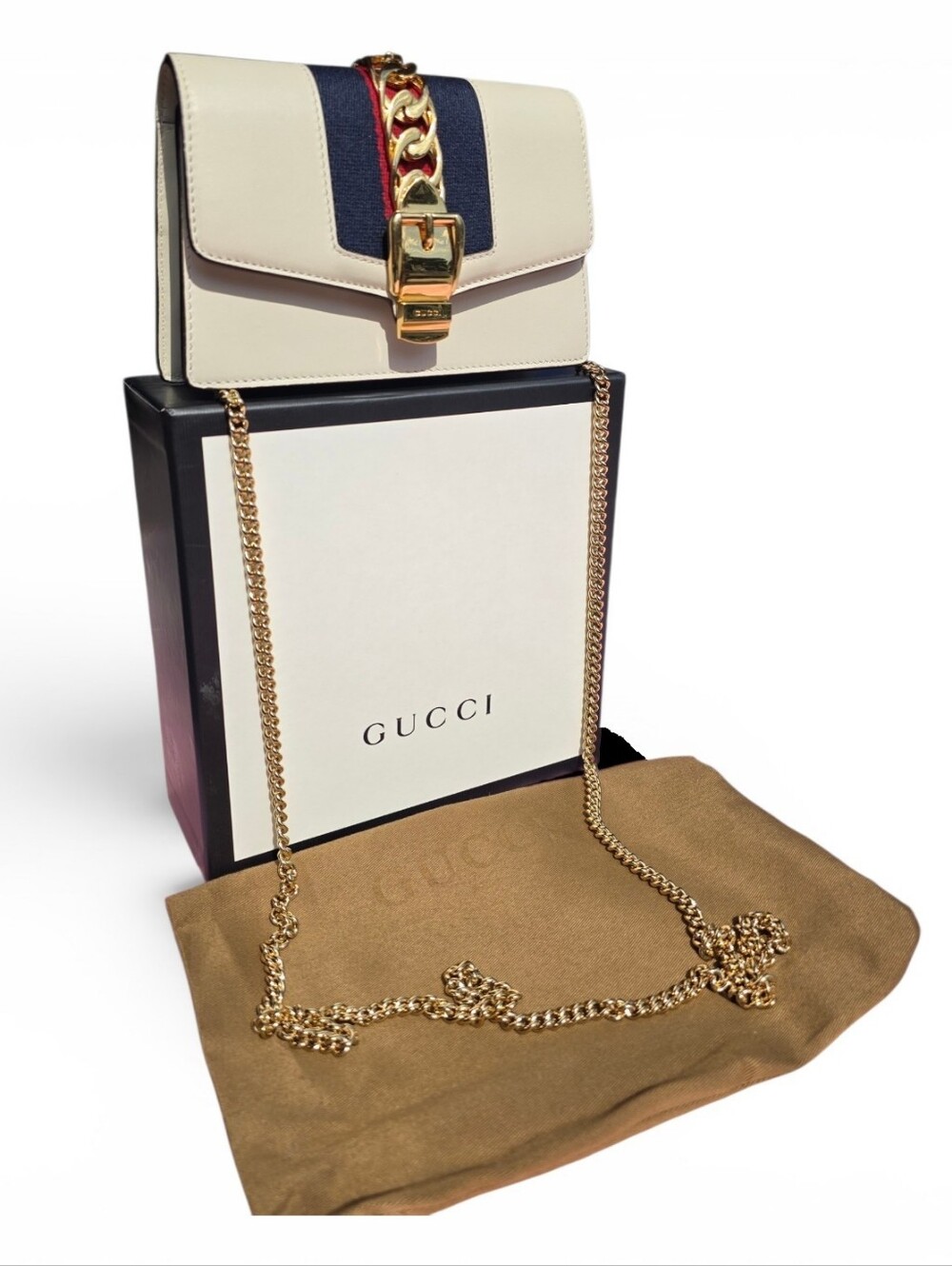 Authentic Gucci Sylvie Mini Chain Shoulder Bag – White Leather with Web Stripe